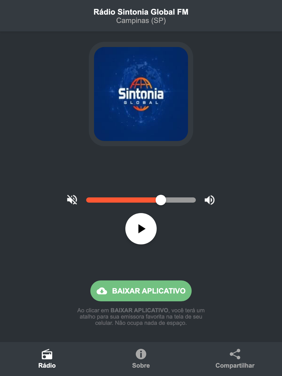 Screenshot do aplicativo da Rádio Sintonia Global FM