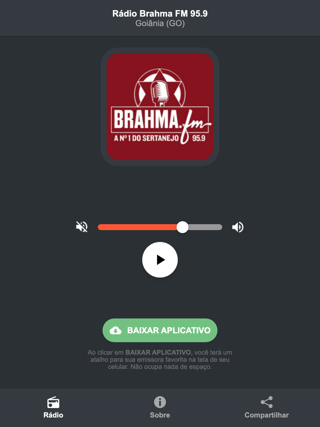 Screenshot do aplicativo da Rádio Brahma FM 95.9