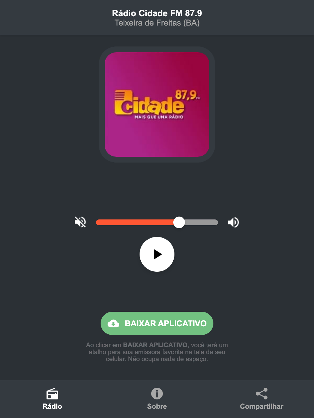 Screenshot do aplicativo da Rádio Cidade FM 87.9
