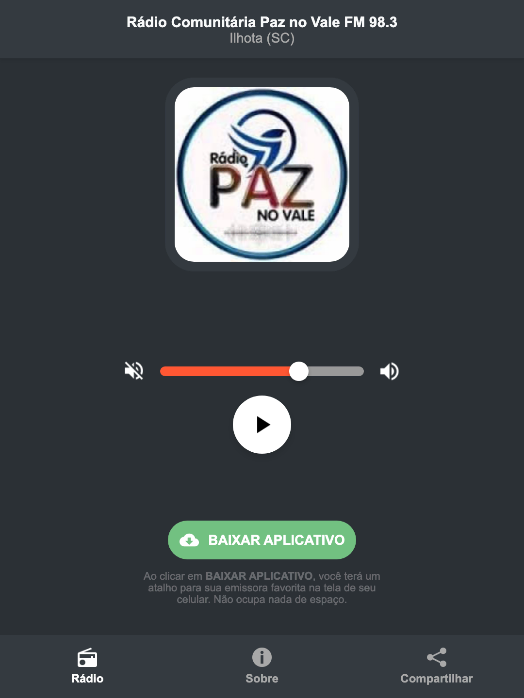Screenshot do aplicativo da Rádio Comunitária Paz no Vale FM 98.3
