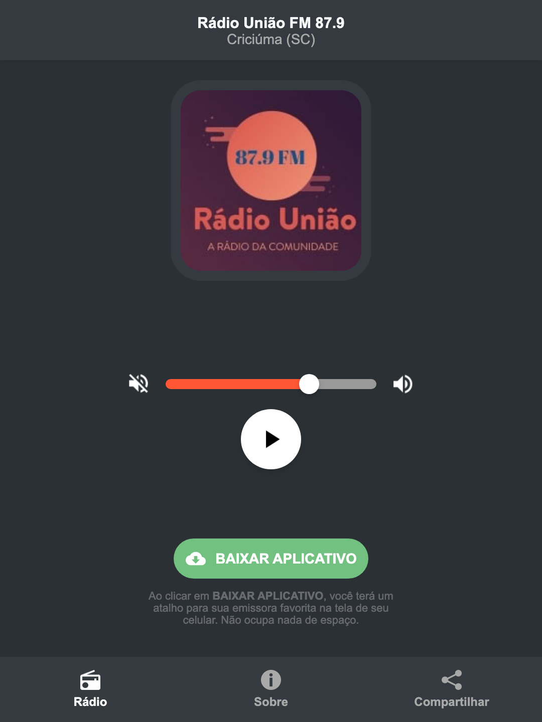 Screenshot do aplicativo da Rádio União FM 87.9