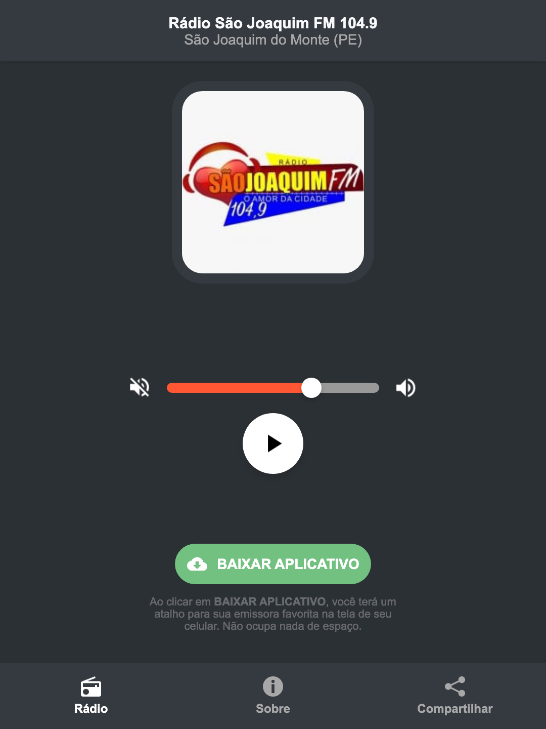 Screenshot do aplicativo da Rádio São Joaquim FM 104.9