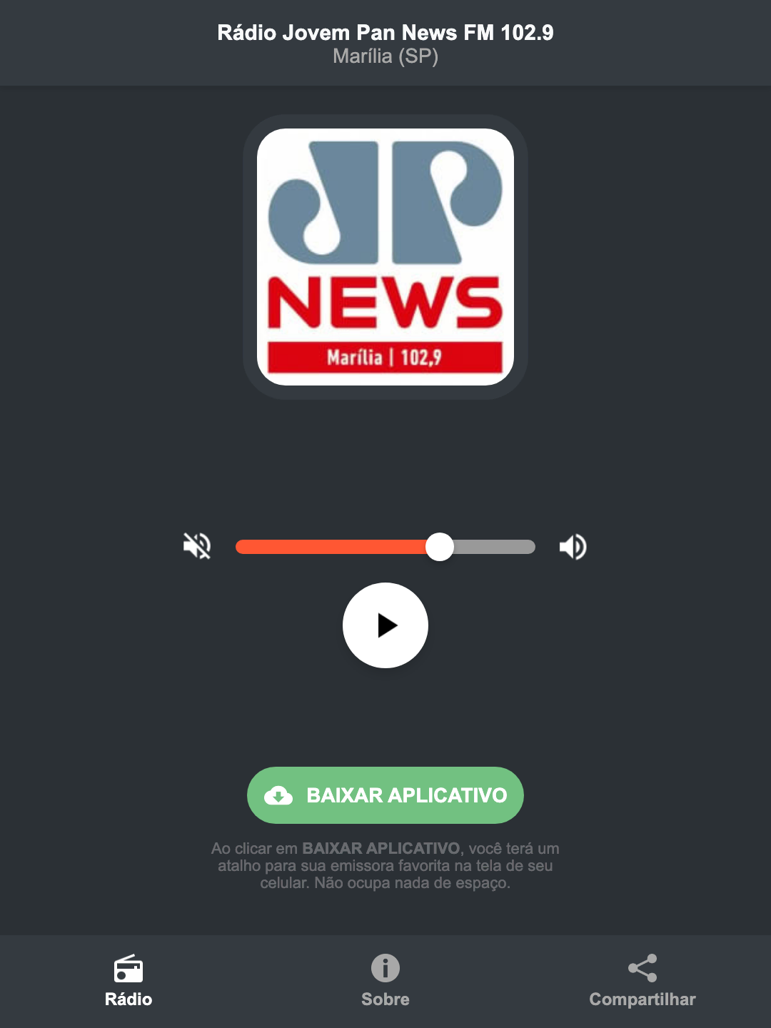 Screenshot do aplicativo da Rádio Jovem Pan News FM 102.9