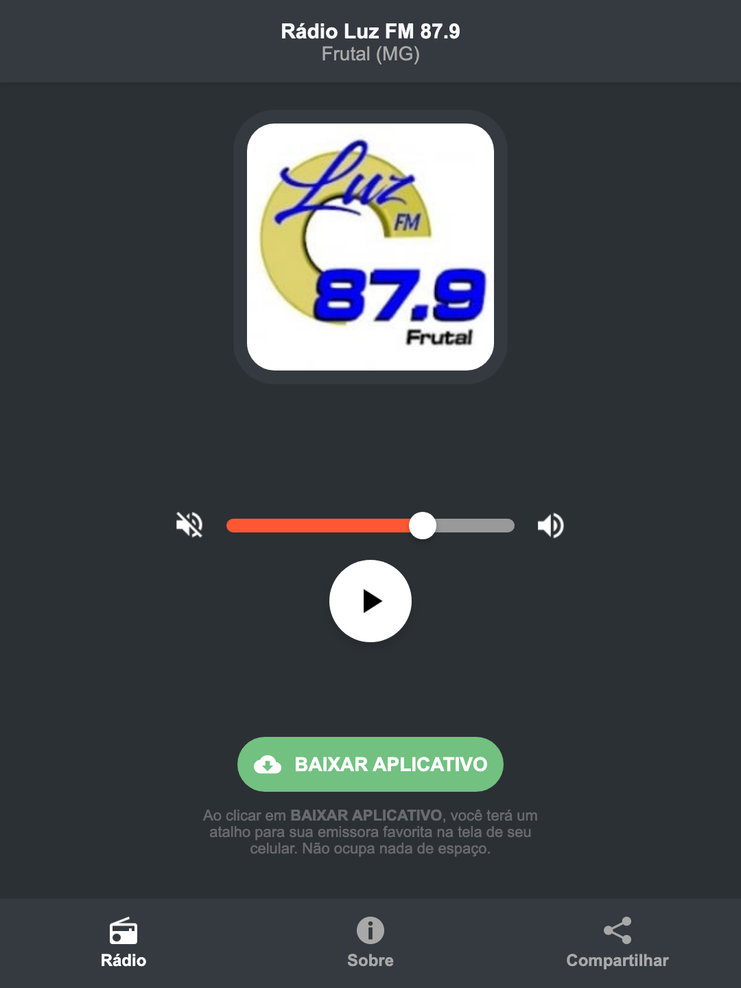 Screenshot do aplicativo da Rádio Luz FM 87.9