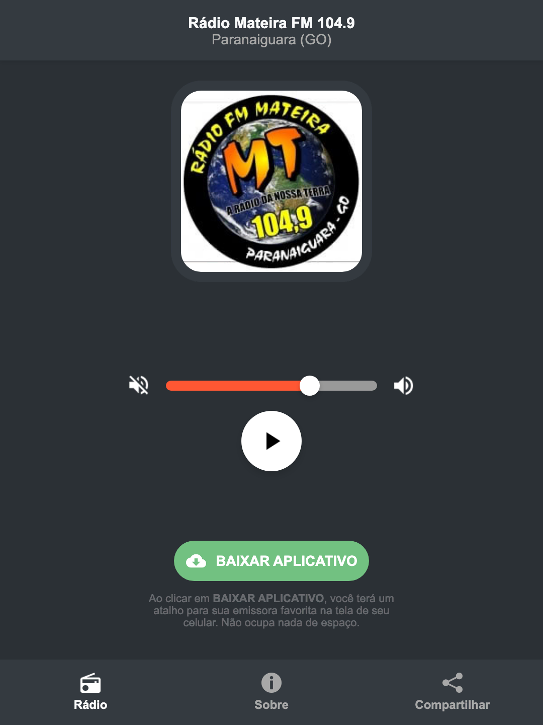 Screenshot do aplicativo da Rádio Mateira FM 104.9