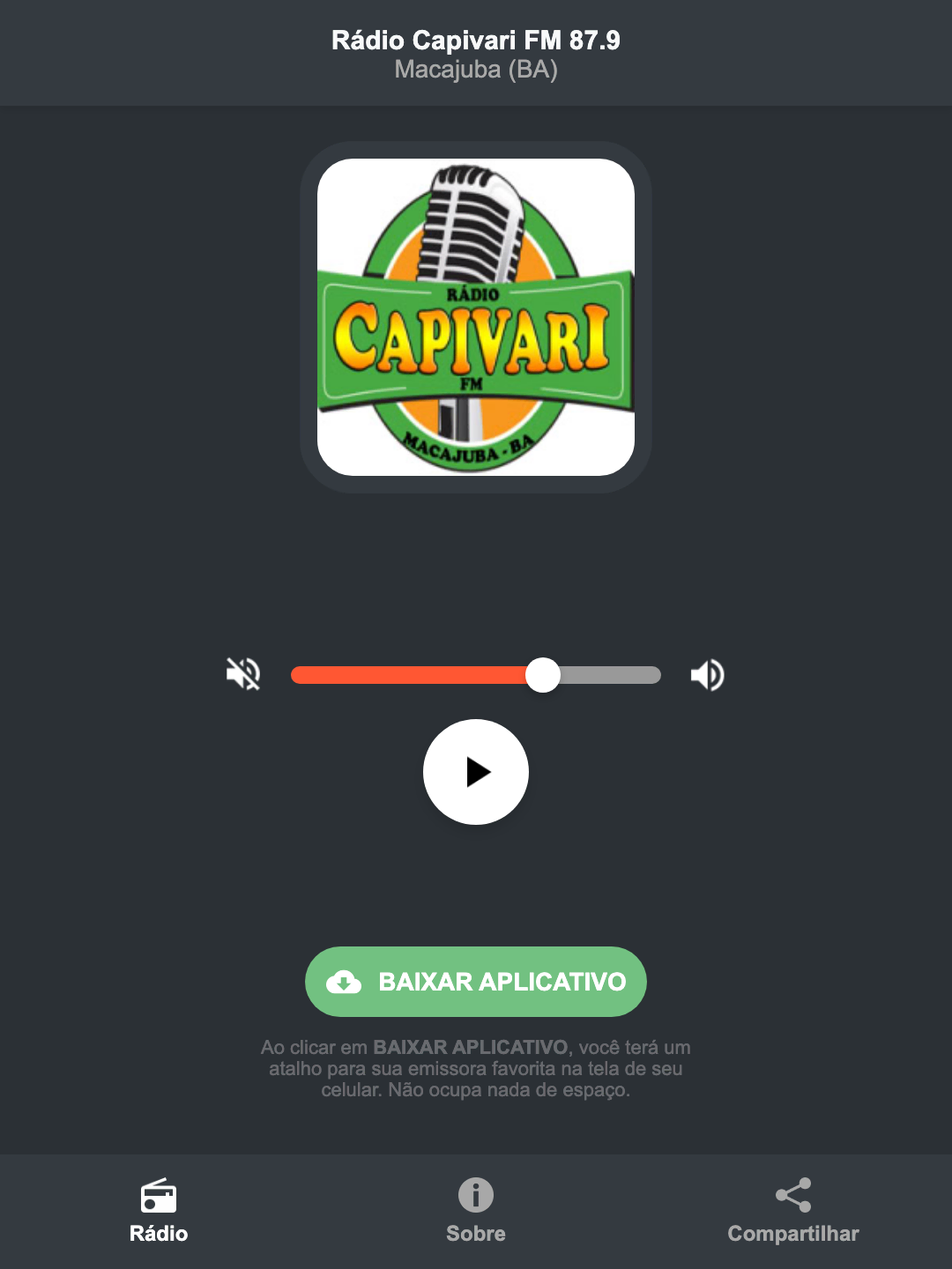 Screenshot do aplicativo da Rádio Capivari FM 87.9
