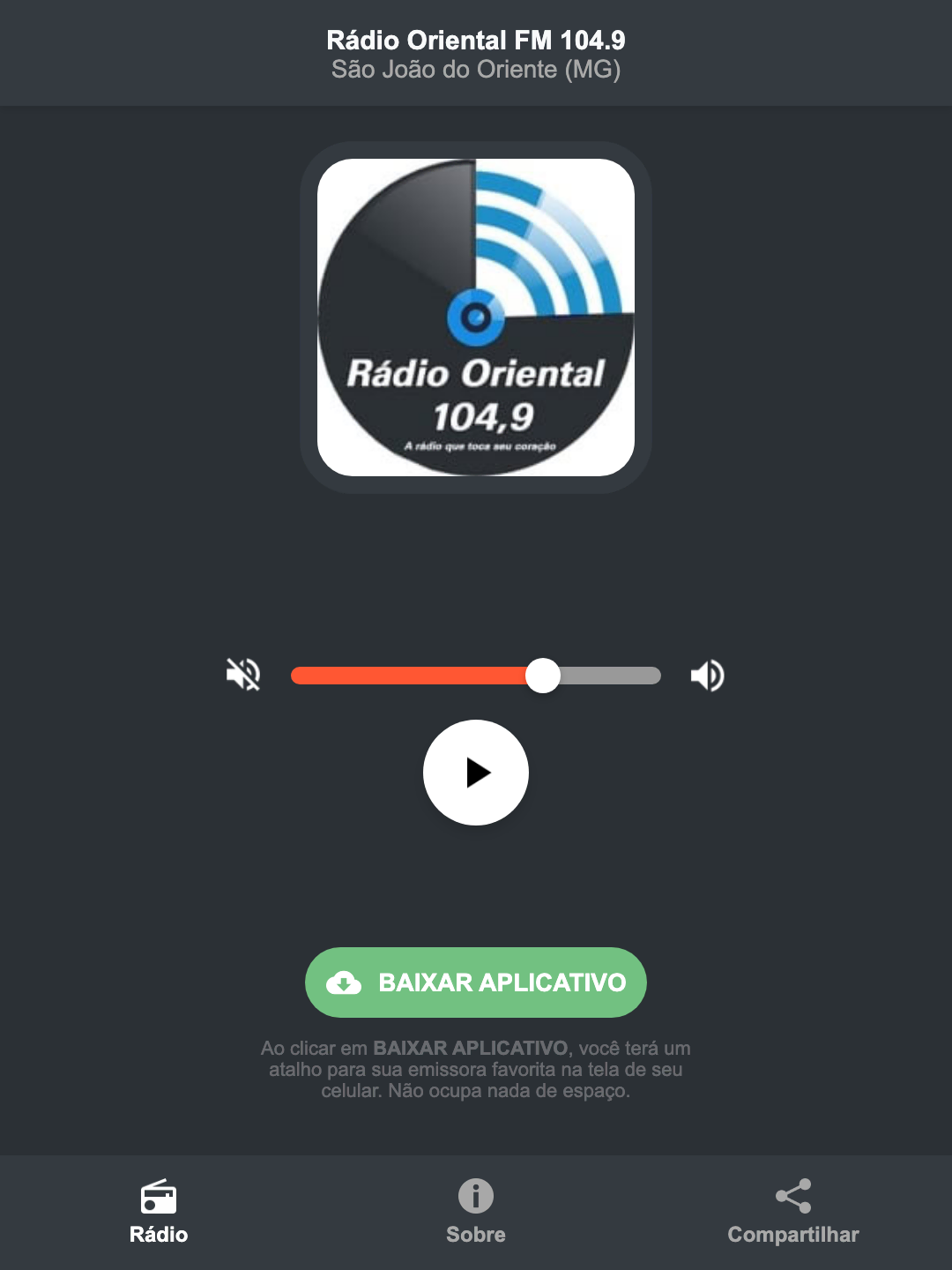 Screenshot do aplicativo da Rádio Oriental FM 104.9