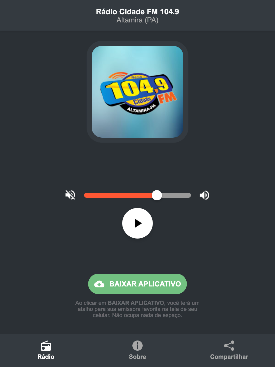 Screenshot do aplicativo da Rádio Cidade FM 104.9
