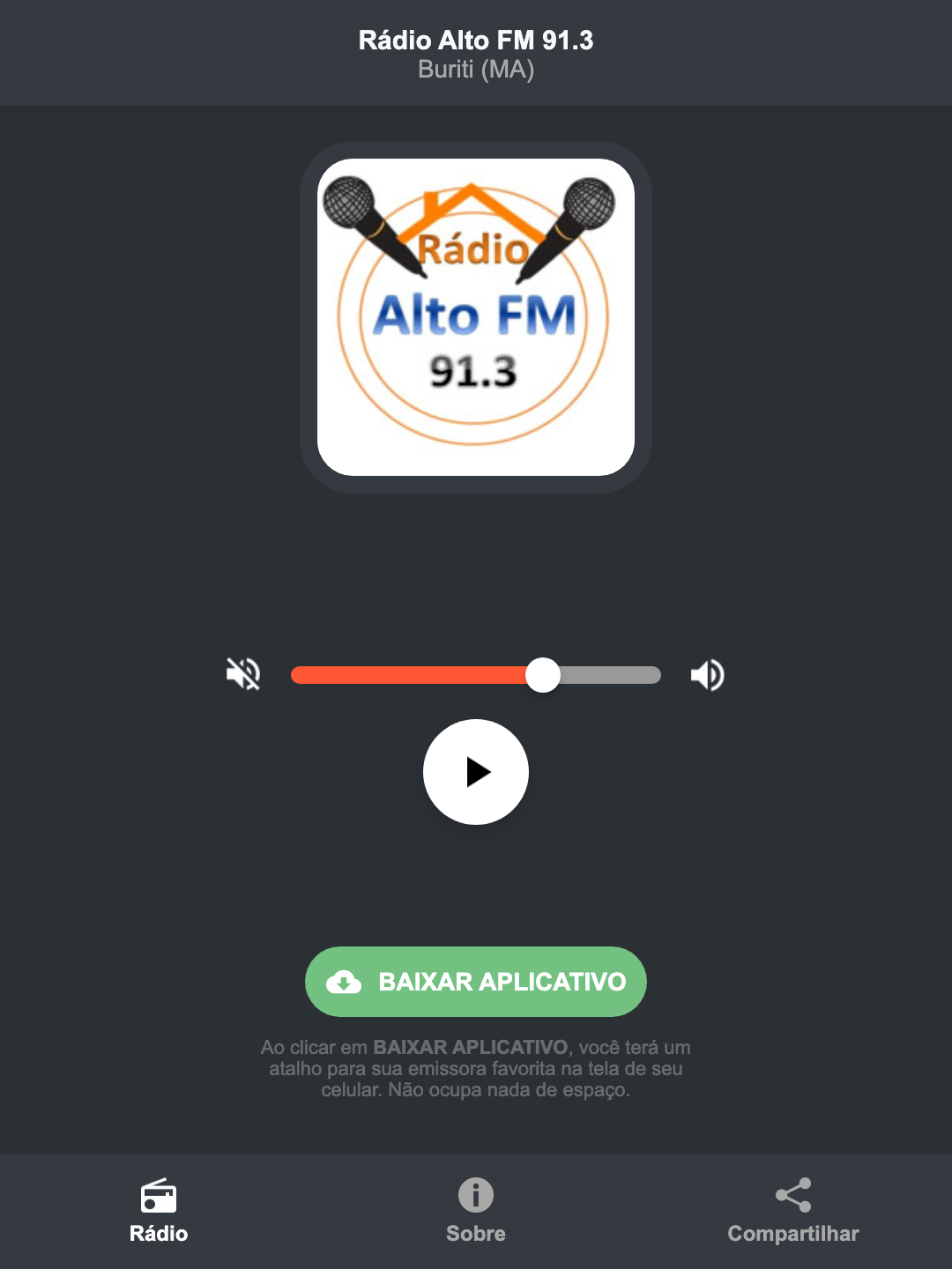Screenshot do aplicativo da Rádio Alto FM 91.3