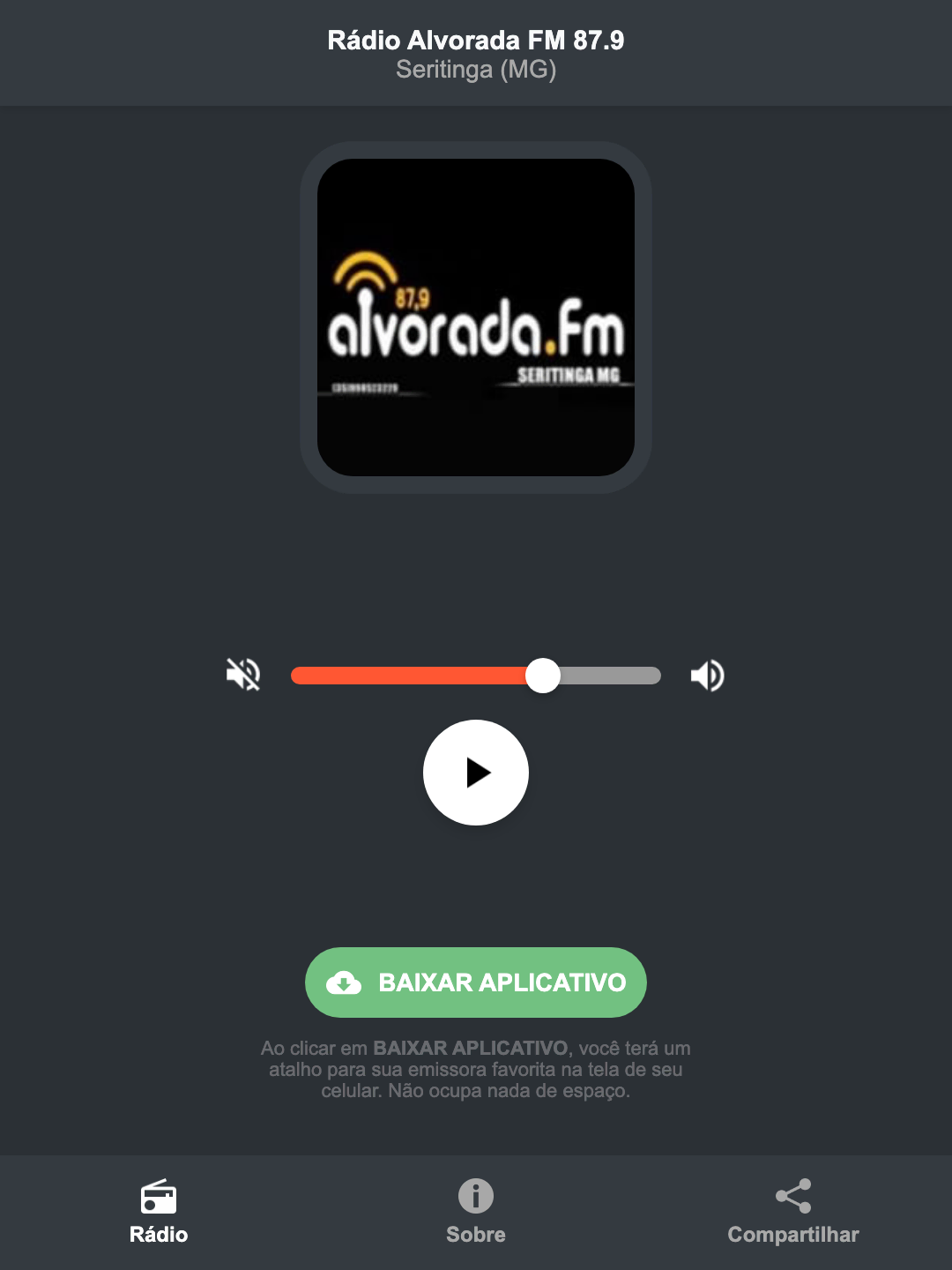 Screenshot do aplicativo da Rádio Alvorada FM 87.9