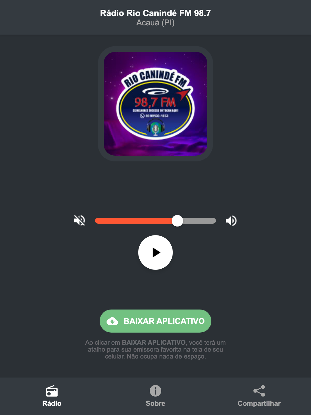 Screenshot do aplicativo da Rádio Rio Canindé FM 98.7