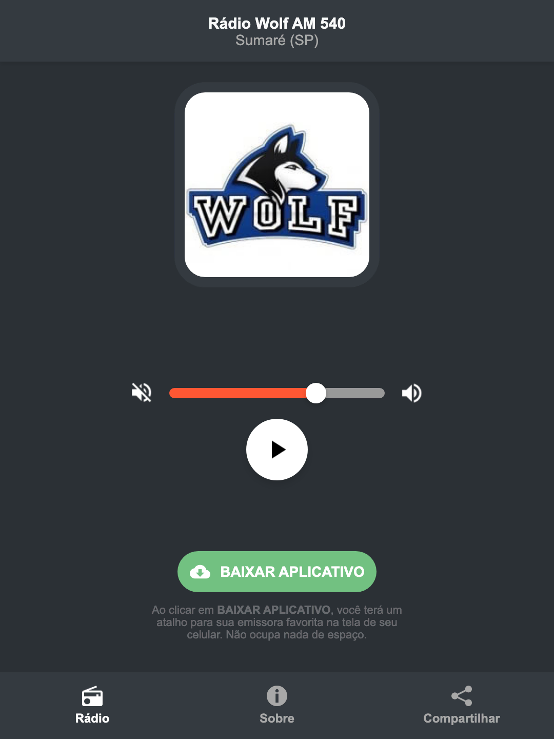Screenshot do aplicativo da Rádio Wolf AM 540