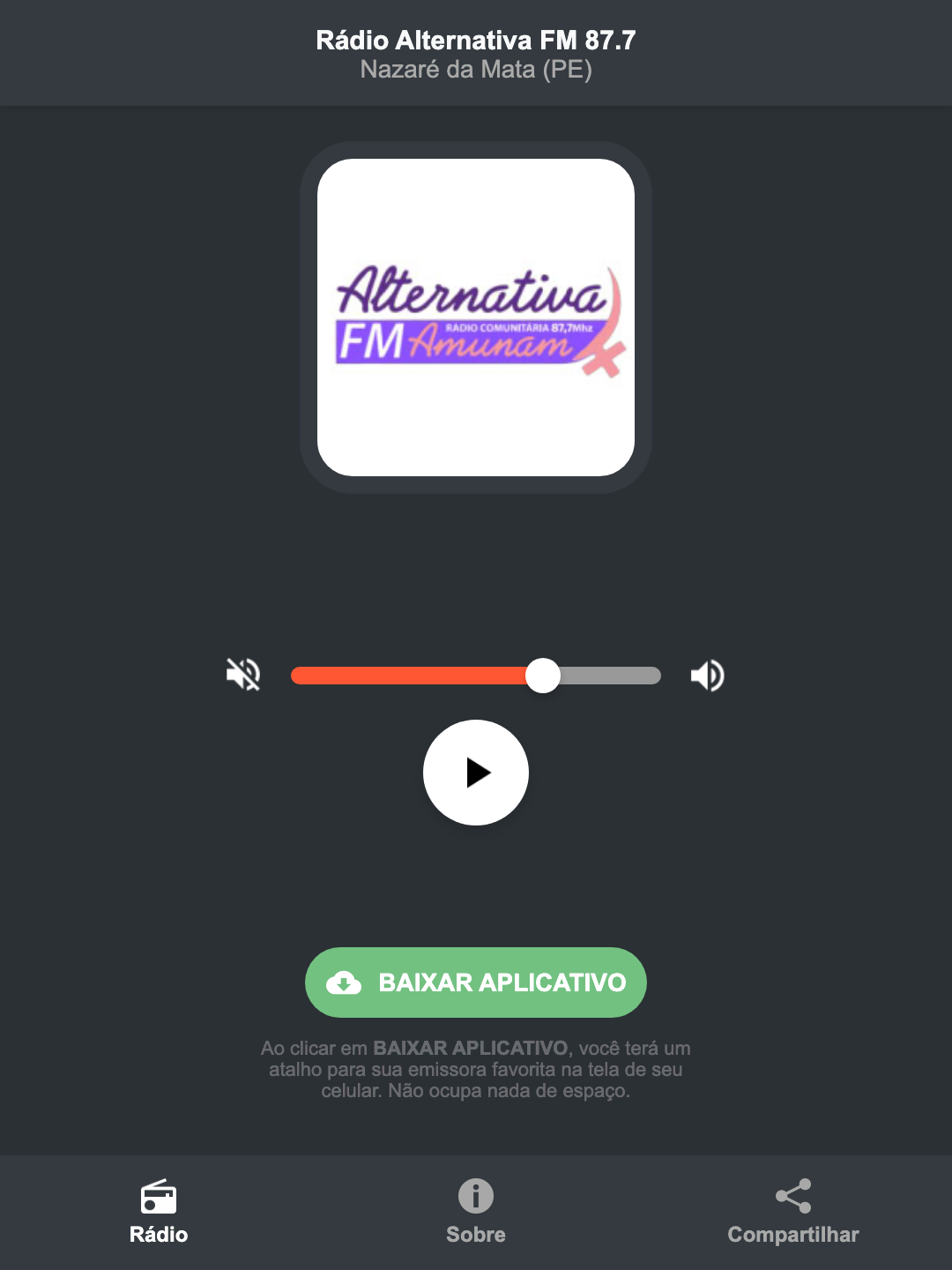 Screenshot do aplicativo da Rádio Alternativa FM 87.7