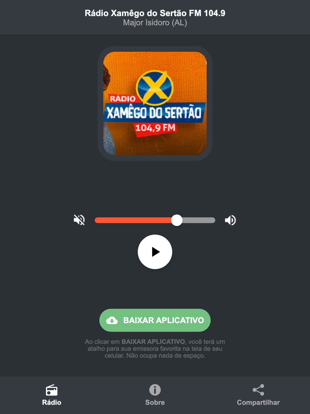 Screenshot do aplicativo da Rádio Xamêgo do Sertão FM 104.9