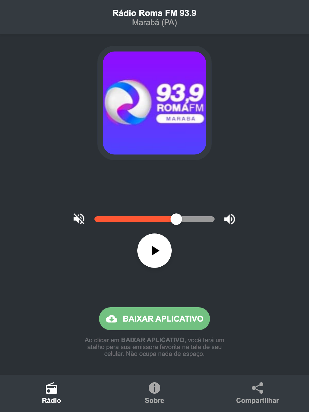 Screenshot do aplicativo da Rádio Roma FM 93.9