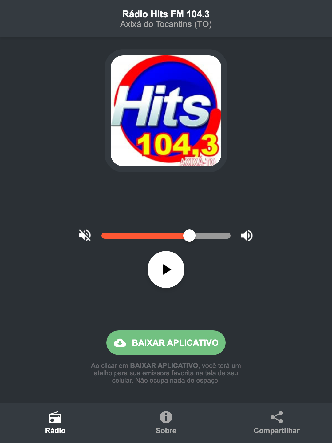 Screenshot do aplicativo da Rádio Hits FM 104.3