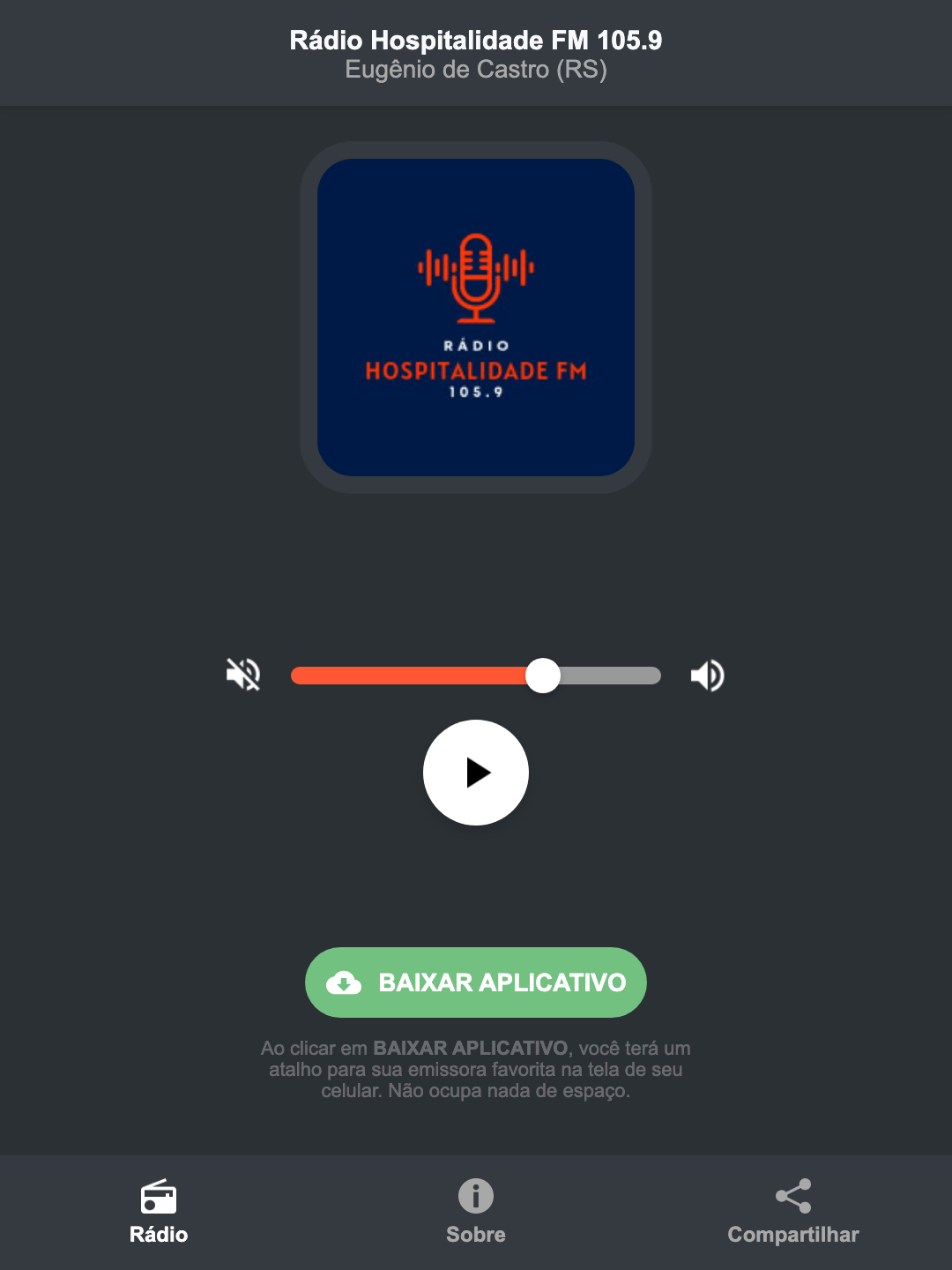 Screenshot do aplicativo da Rádio Hospitalidade FM 105.9