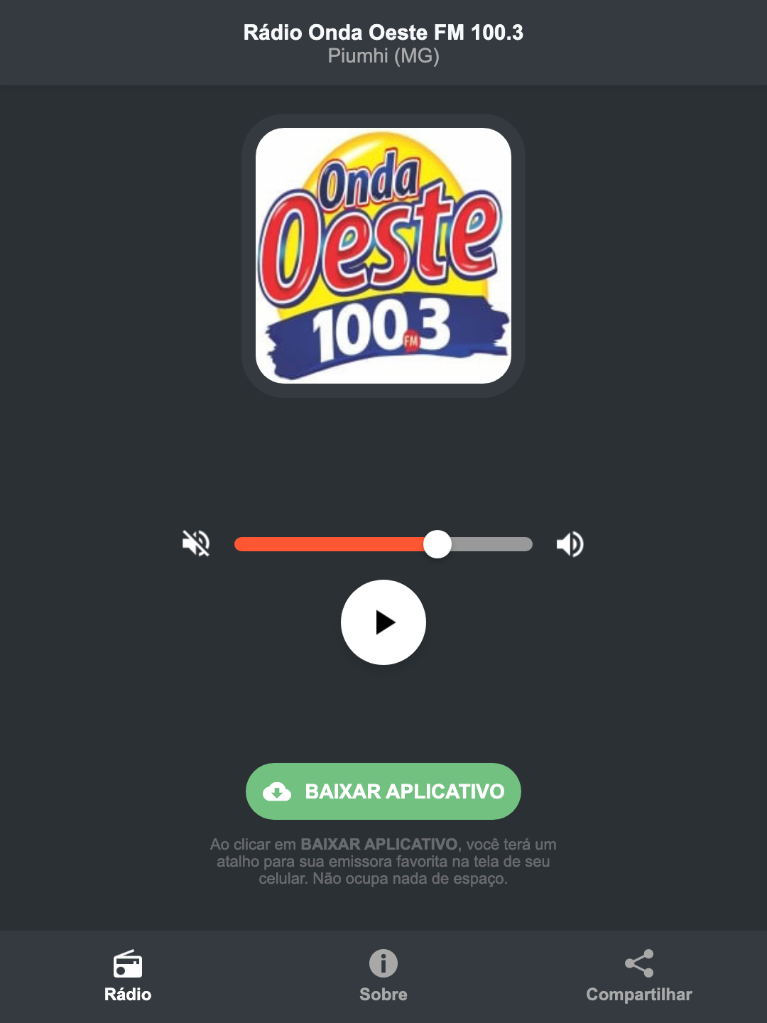 Screenshot do aplicativo da Rádio Onda Oeste FM 100.3