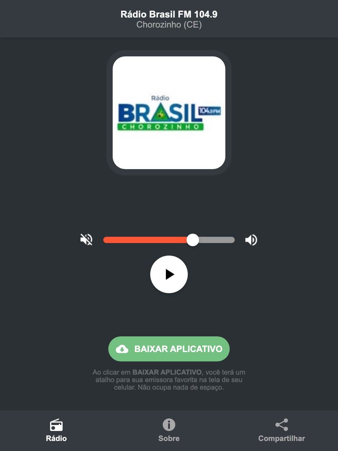 Screenshot do aplicativo da Rádio Brasil FM 104.9