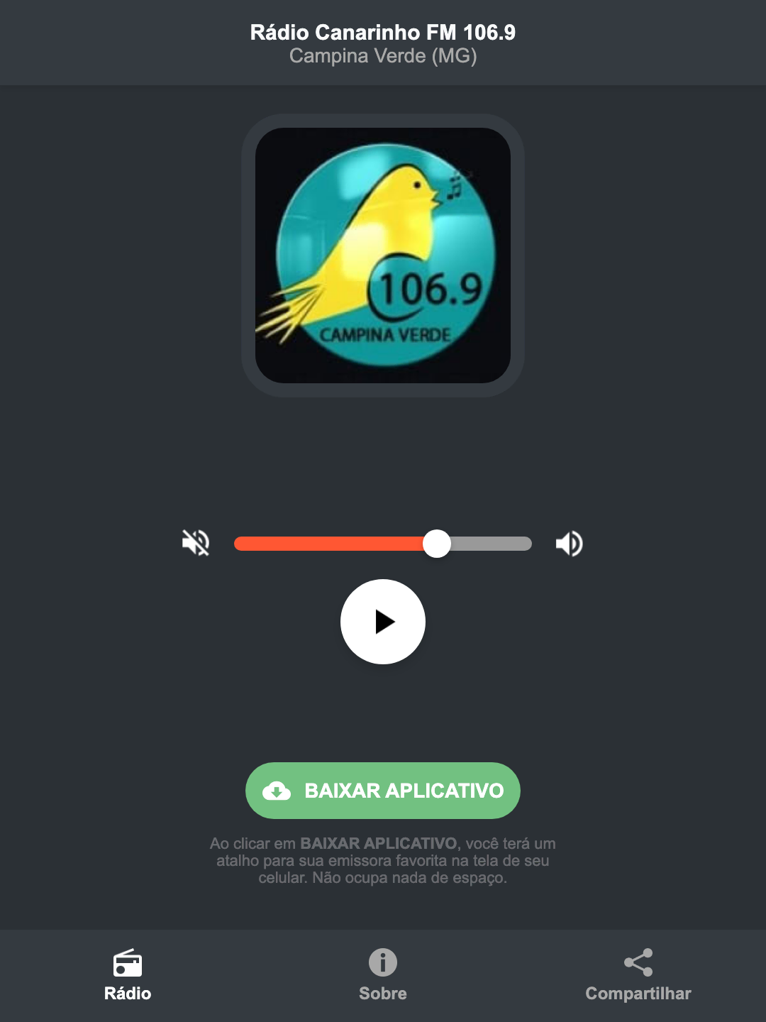 Screenshot do aplicativo da Rádio Canarinho FM 106.9