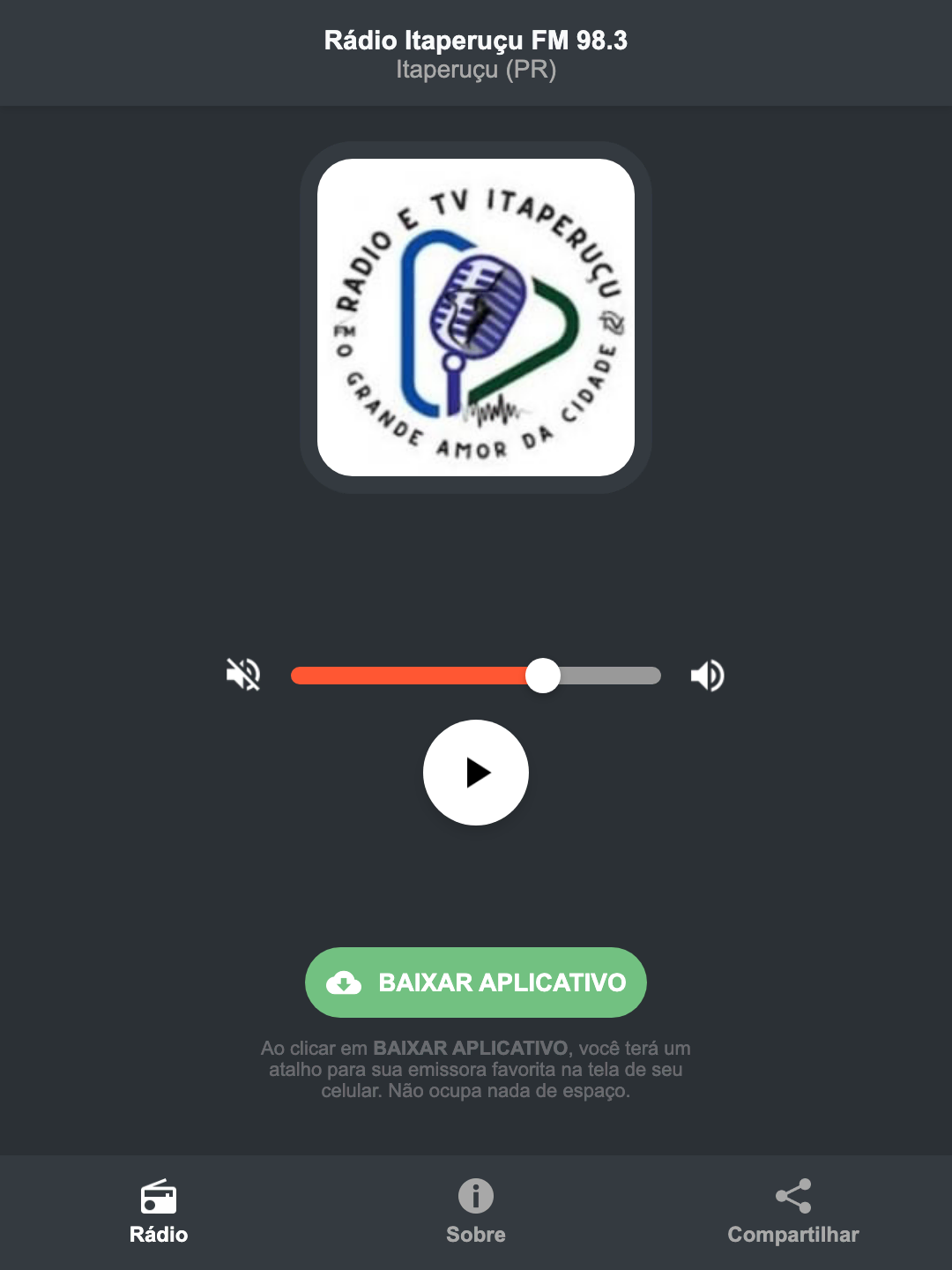 Screenshot do aplicativo da Rádio Itaperuçu FM 98.3