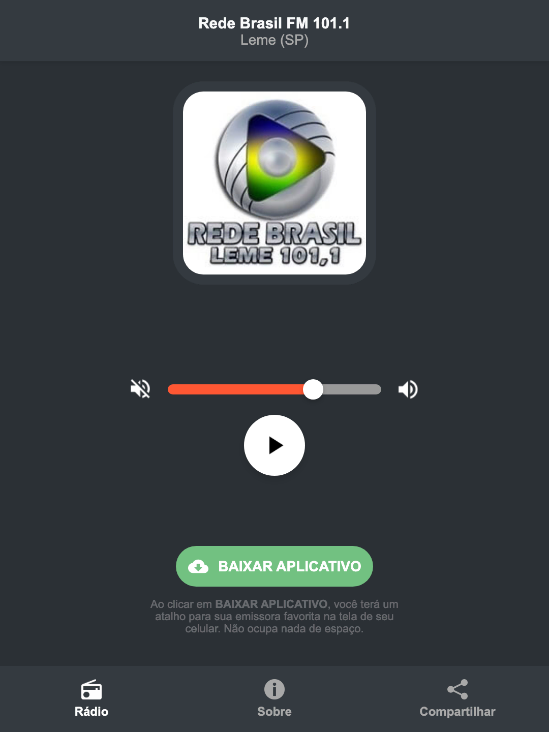 Screenshot do aplicativo da Rede Brasil FM 101.1