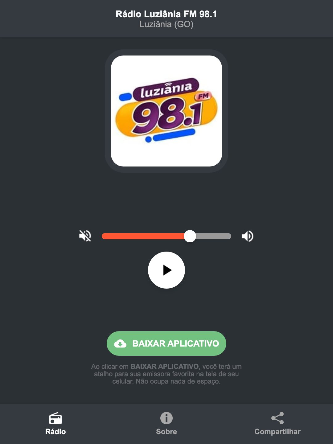 Screenshot do aplicativo da Rádio Luziânia FM 98.1