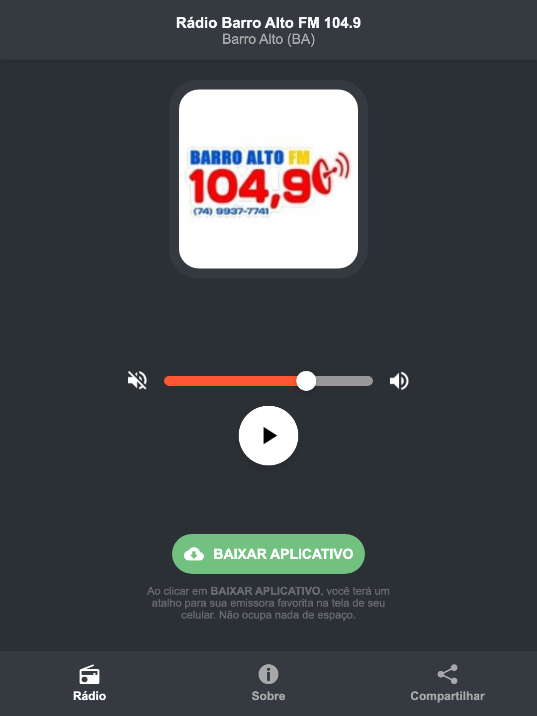 Screenshot do aplicativo da Rádio Barro Alto FM 104.9