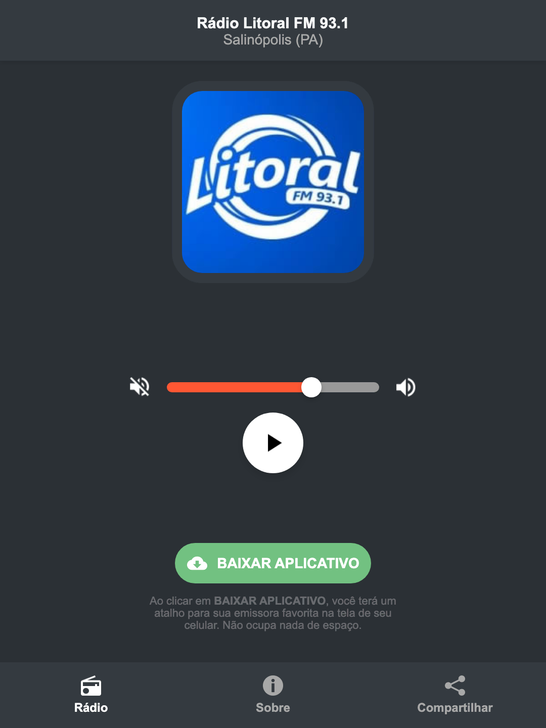 Screenshot do aplicativo da Rádio Litoral FM 93.1