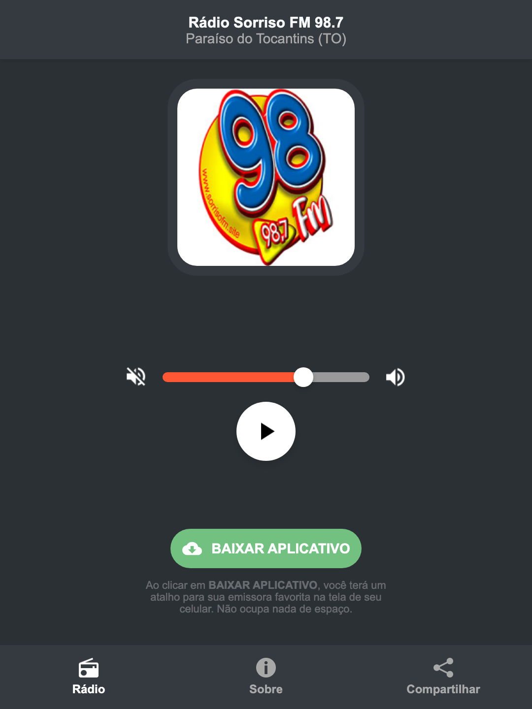 Screenshot do aplicativo da Rádio Sorriso FM 98.7