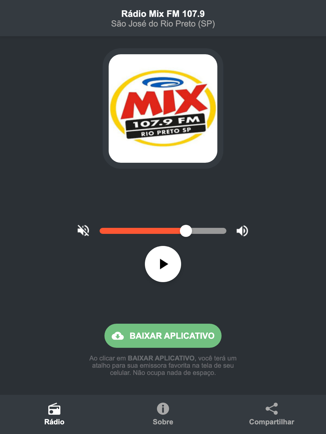Screenshot do aplicativo da Rádio Mix FM 107.9