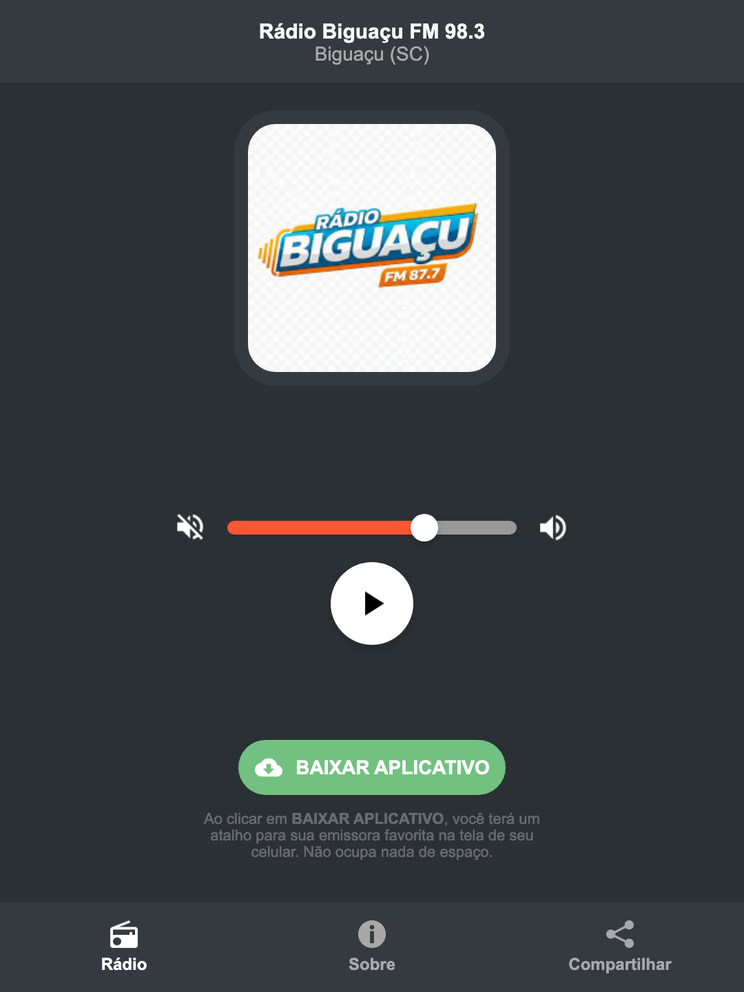 Screenshot do aplicativo da Rádio Biguaçu FM 98.3