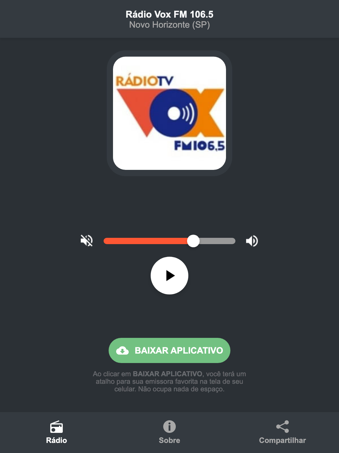 Screenshot do aplicativo da Rádio Vox FM 106.5
