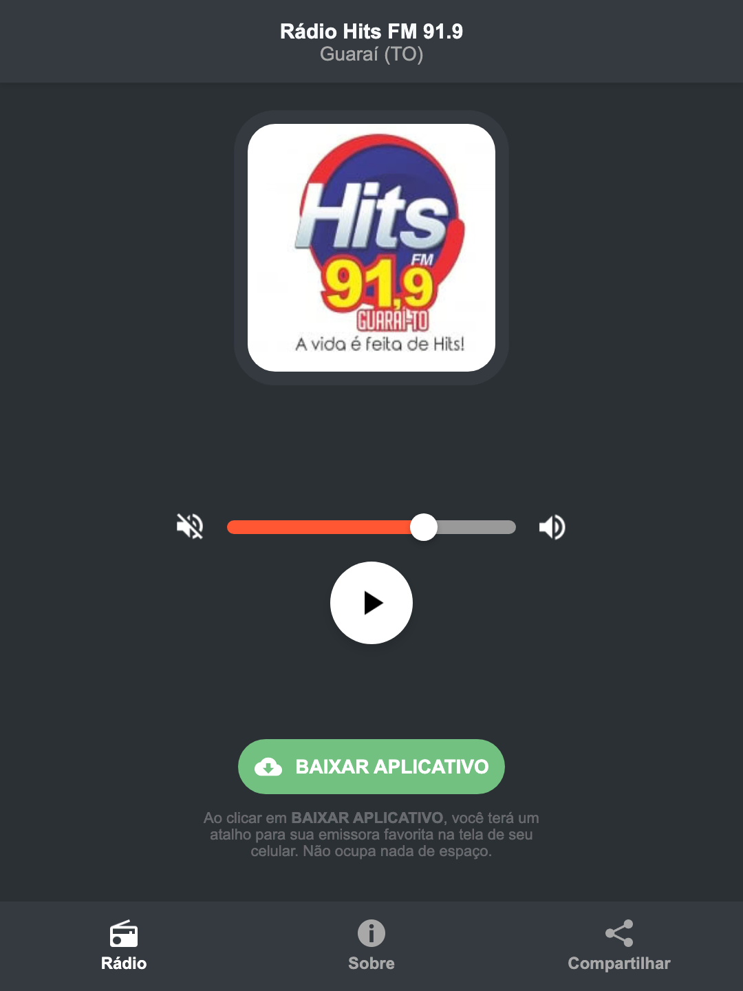 Screenshot do aplicativo da Rádio Hits FM 91.9