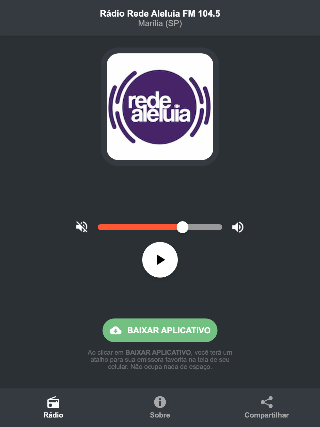 Screenshot do aplicativo da Rádio Rede Aleluia FM 104.5