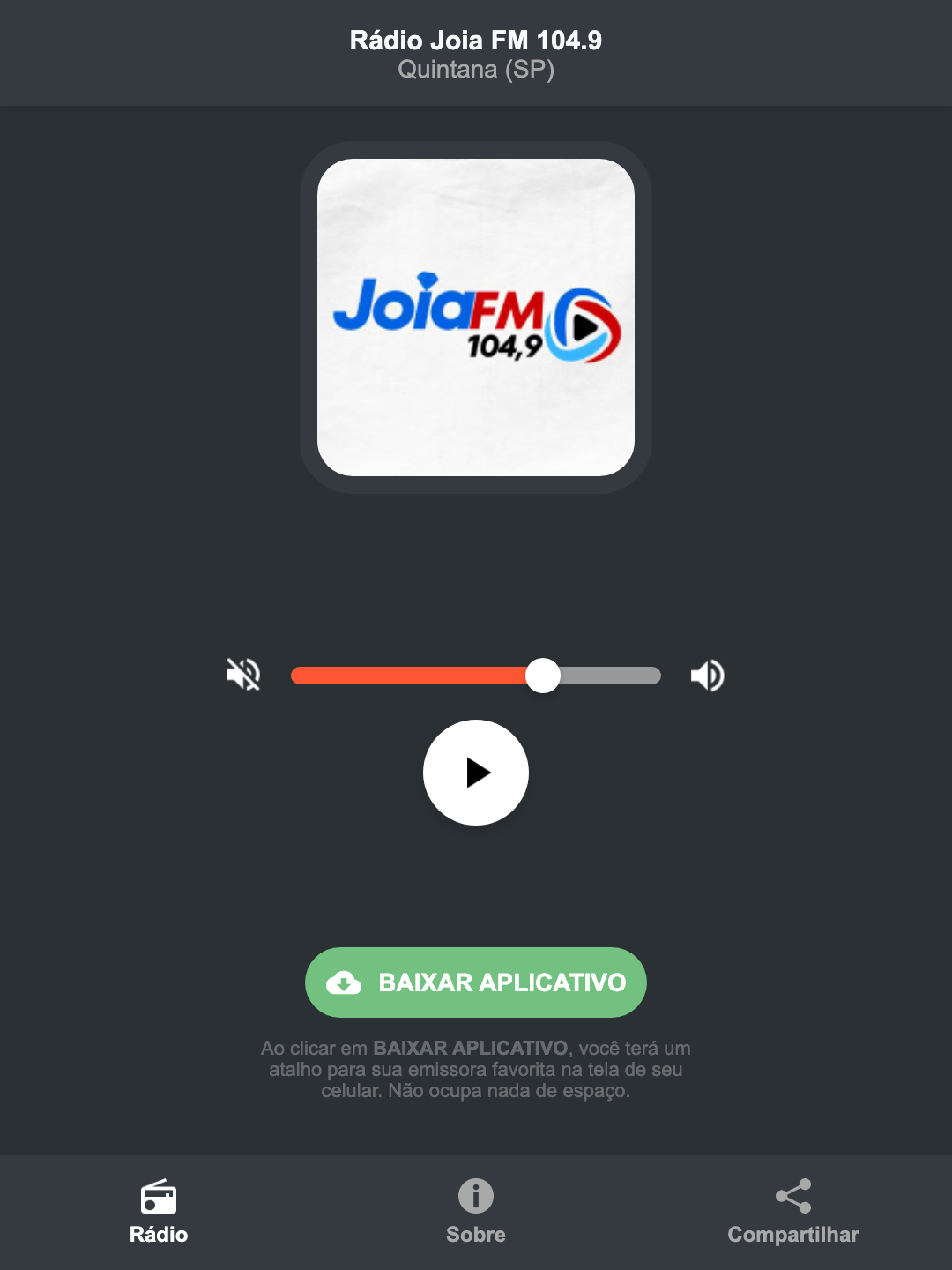 Screenshot do aplicativo da Rádio Joia FM 104.9