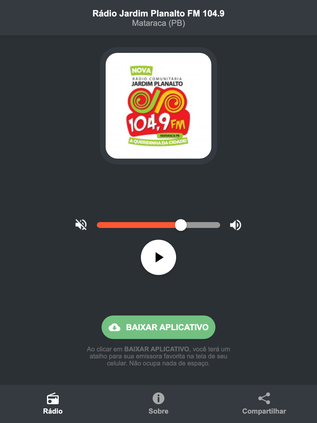 Screenshot do aplicativo da Rádio Jardim Planalto FM 104.9