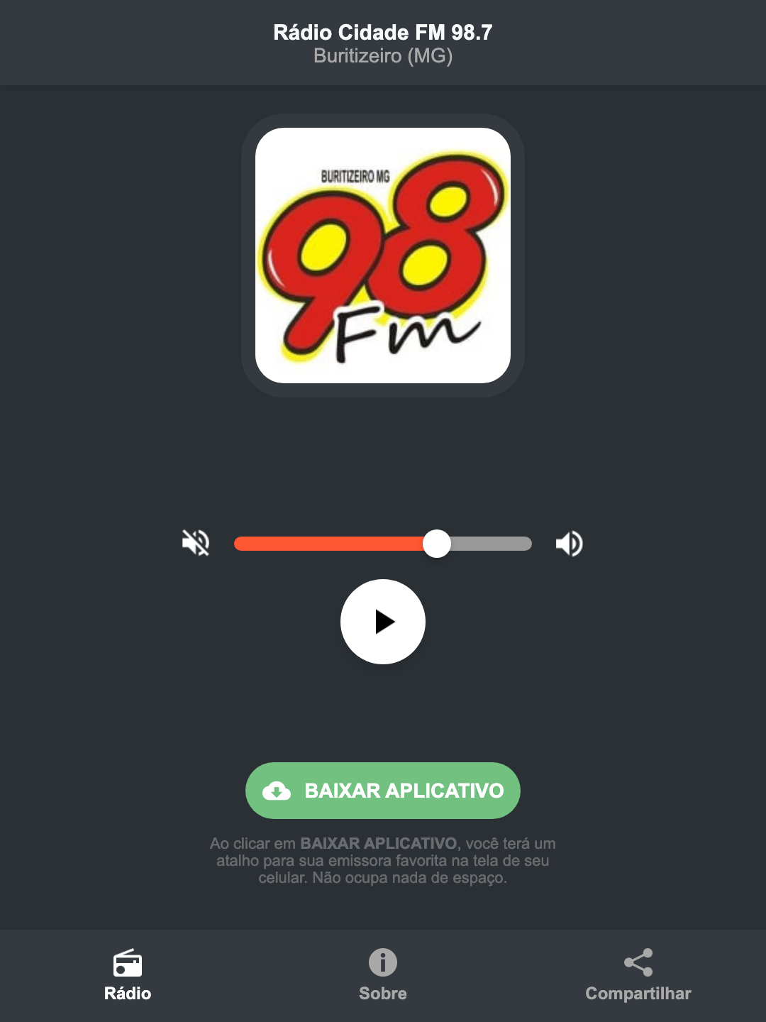 Screenshot do aplicativo da Rádio Cidade FM 98.7