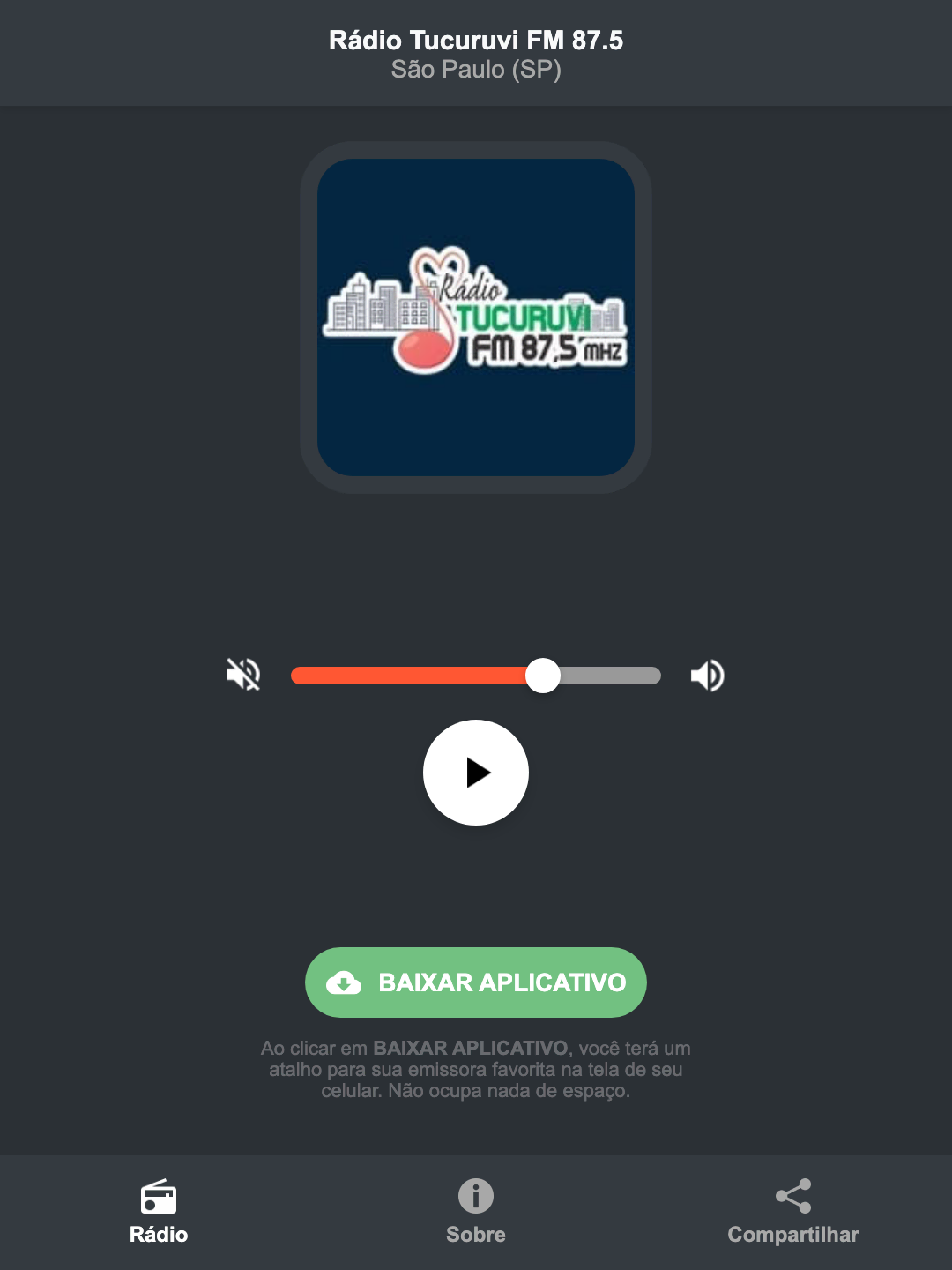 Screenshot do aplicativo da Rádio Tucuruvi FM 87.5