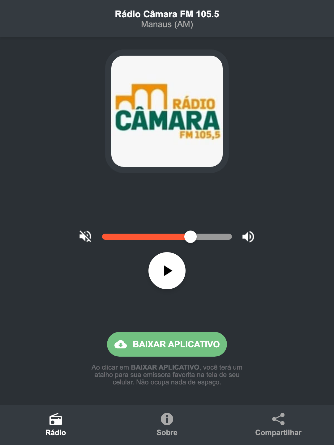 Screenshot do aplicativo da Rádio Câmara FM 105.5
