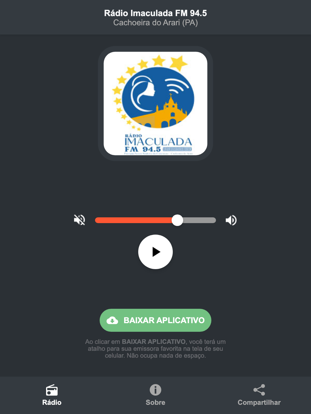 Screenshot do aplicativo da Rádio Imaculada FM 94.5