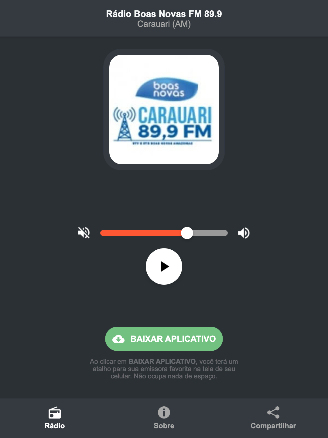 Screenshot do aplicativo da Rádio Boas Novas FM 89.9