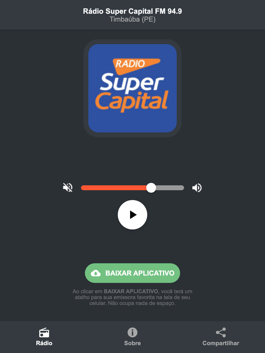 Screenshot do aplicativo da Rádio Super Capital FM 94.9