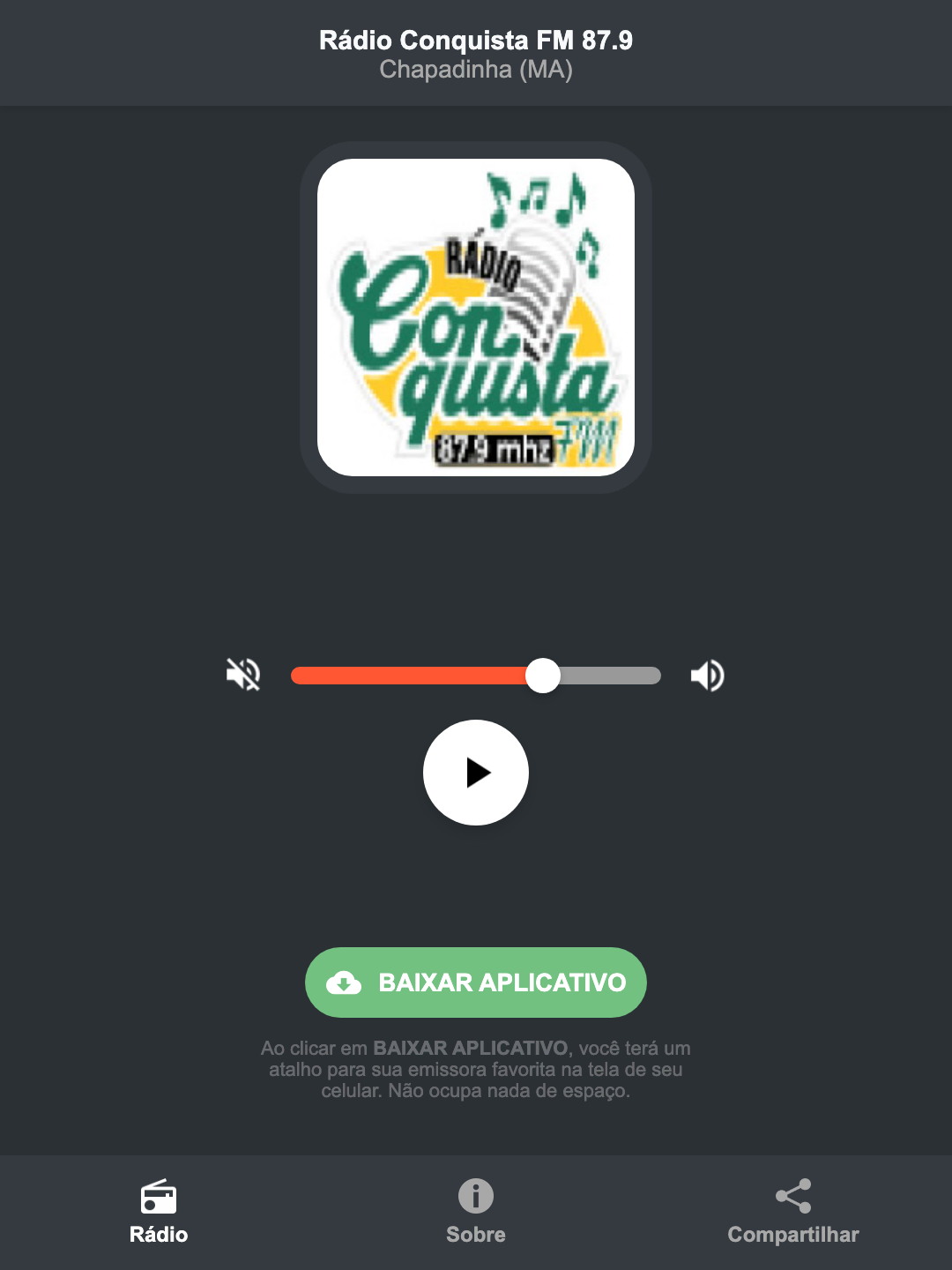 Screenshot do aplicativo da Rádio Conquista FM 87.9