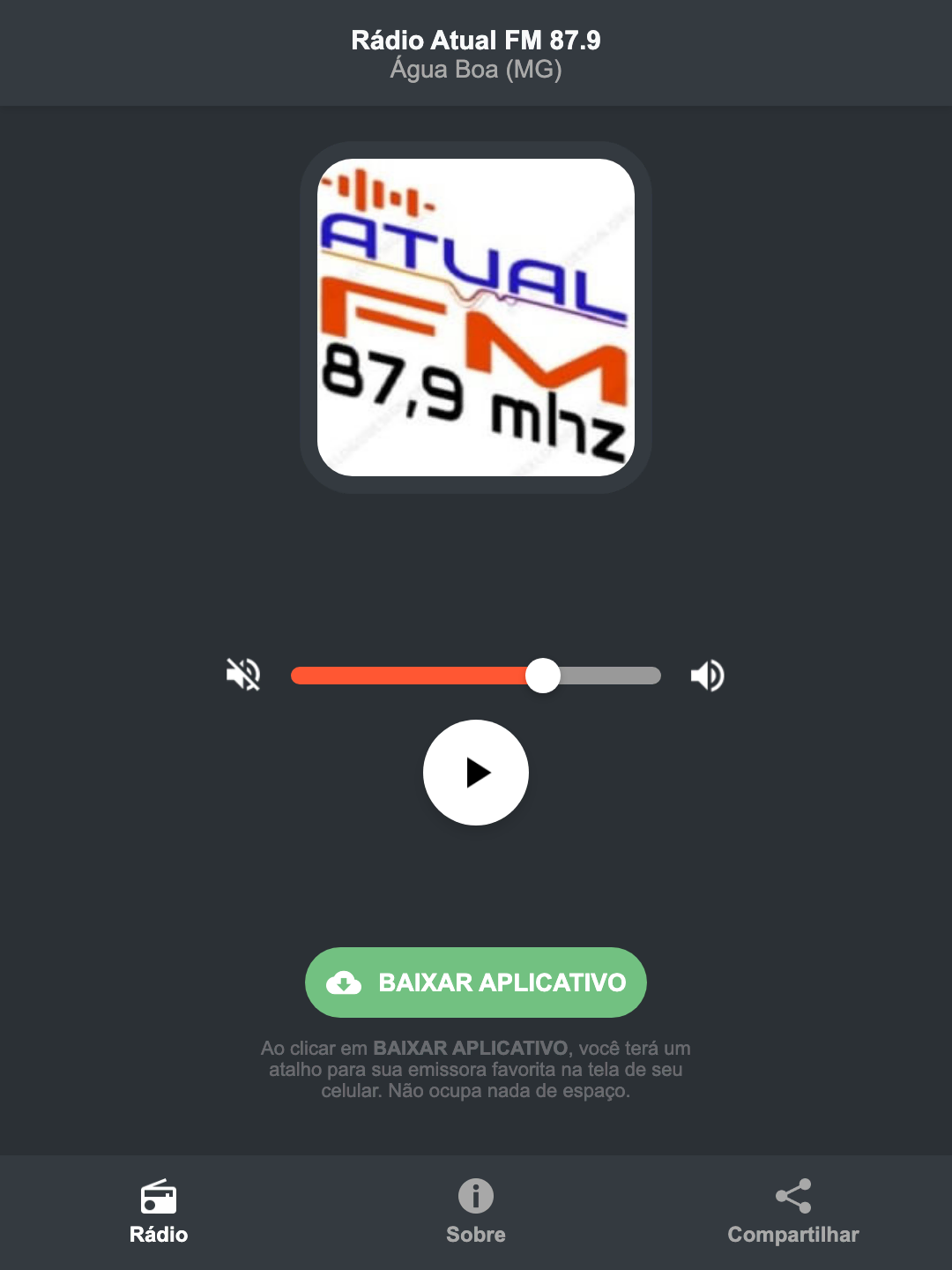 Screenshot do aplicativo da Rádio Atual FM 87.9