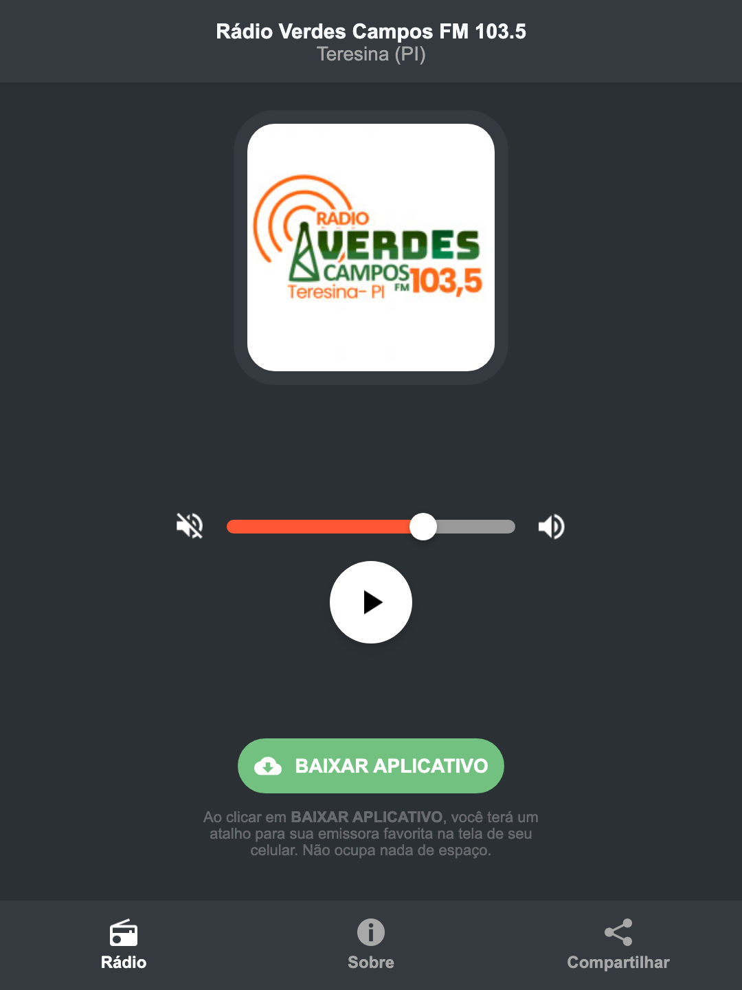 Screenshot do aplicativo da Rádio Verdes Campos FM 103.5
