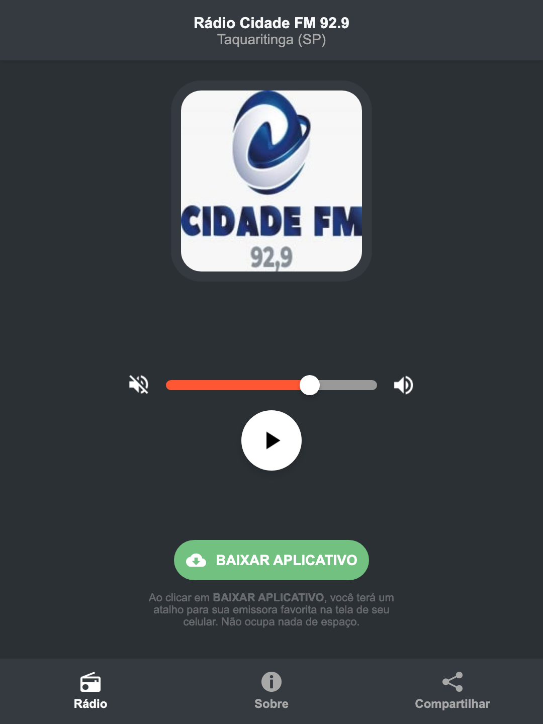 Screenshot do aplicativo da Rádio Cidade FM 92.9