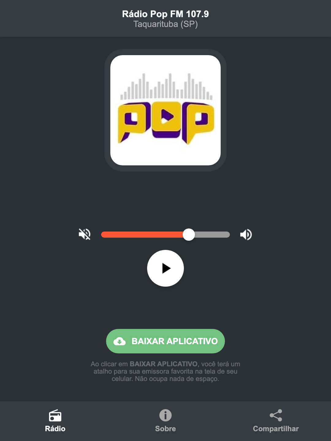 Screenshot do aplicativo da Rádio Pop FM 107.9