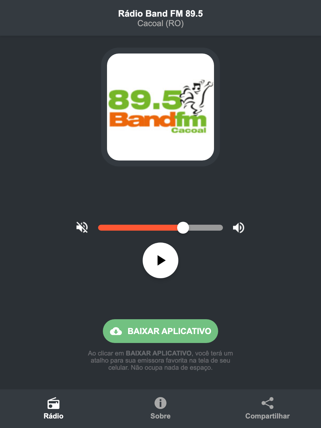 Screenshot do aplicativo da Rádio Band FM 89.5