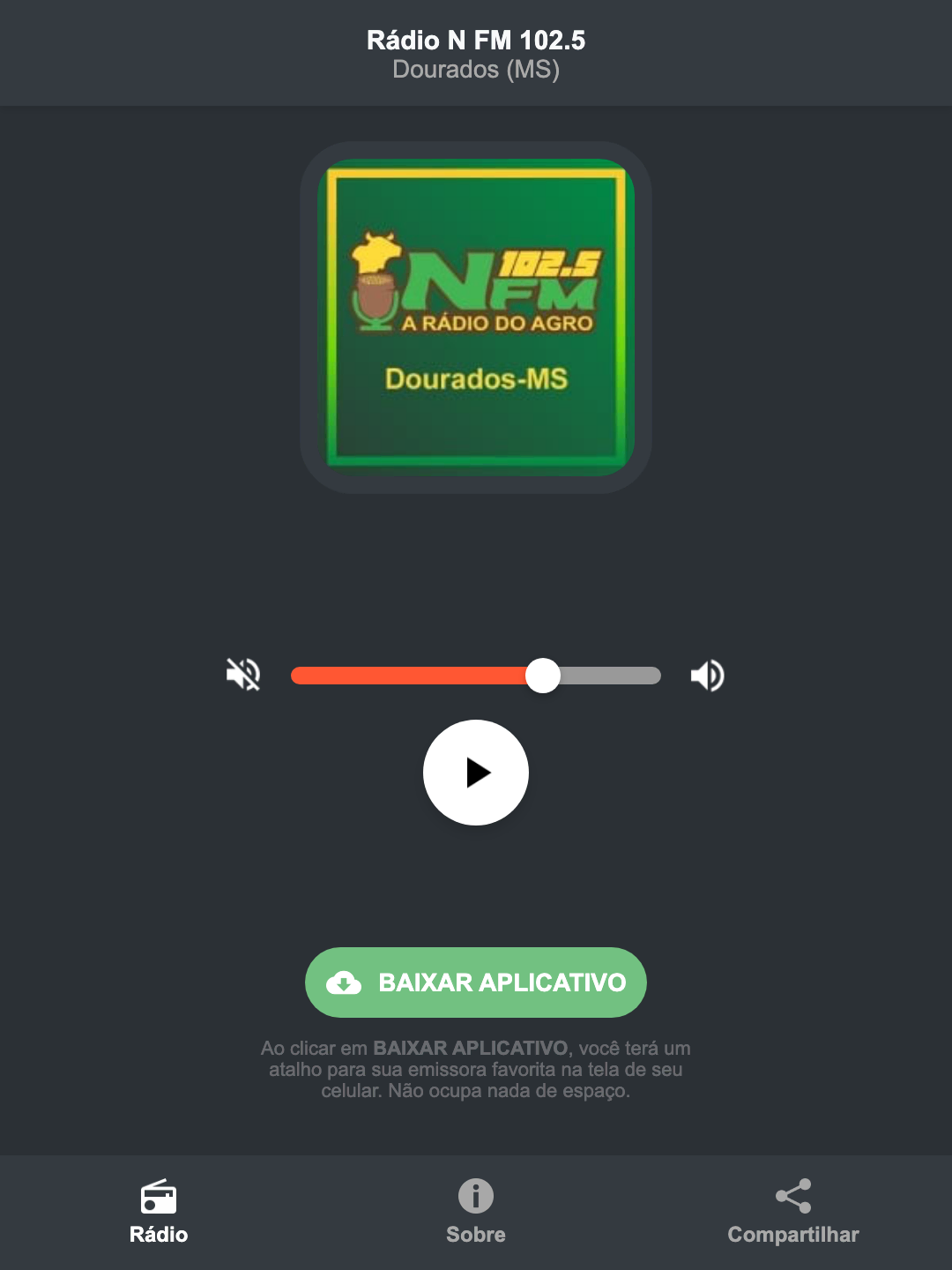 Screenshot do aplicativo da Rádio N FM 102.5